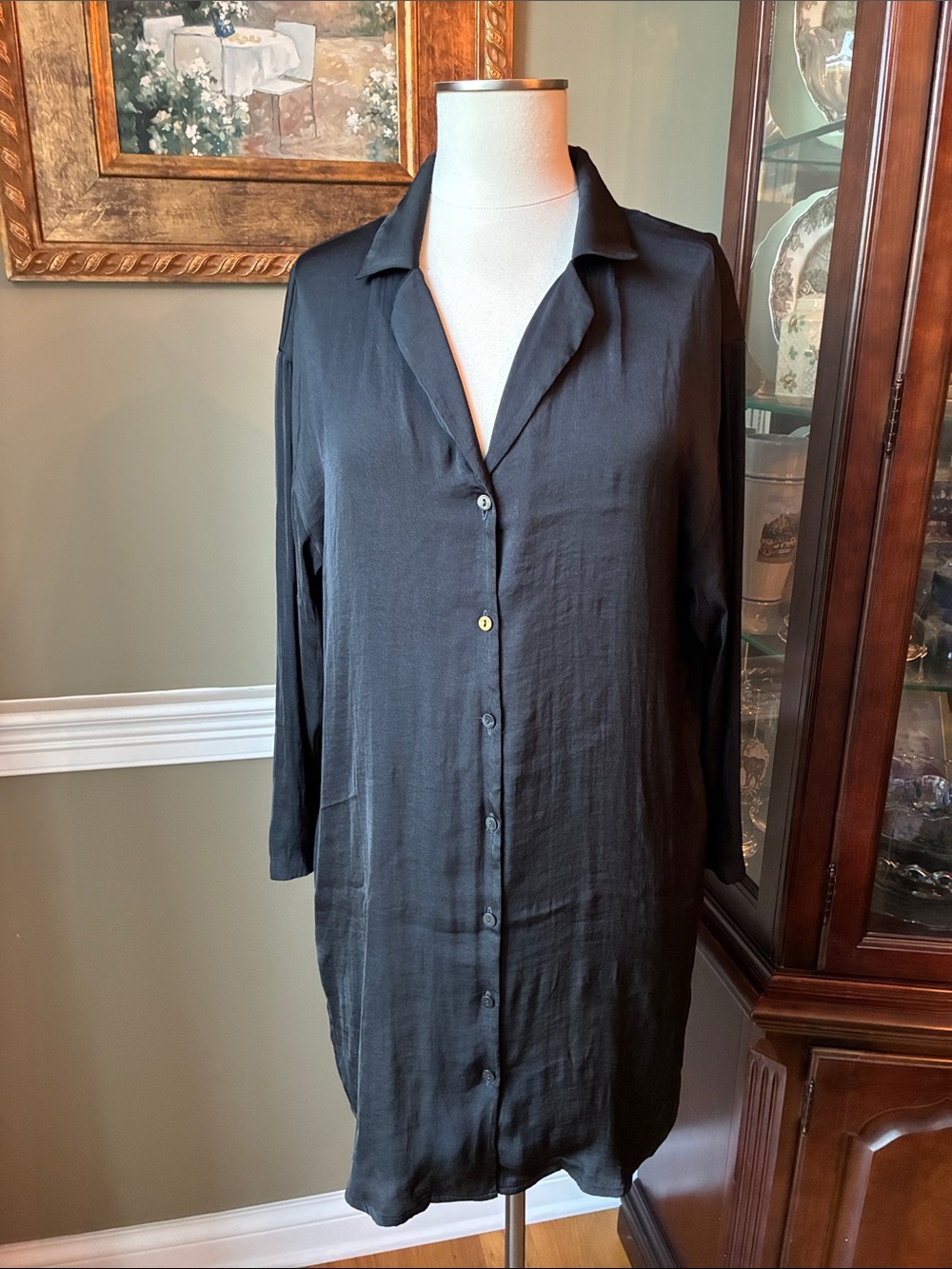 Van Winkle & Co. Long Sleeve Black Button-Front Sleep Shirt Size Small
